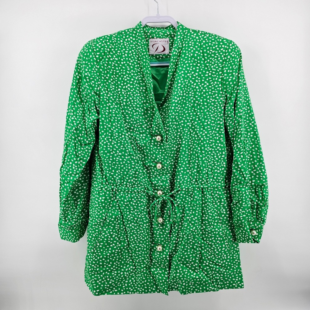 Doncaster Jacket Womens 12 Green White Polka Dot Pearl Button Drawstring Vintage